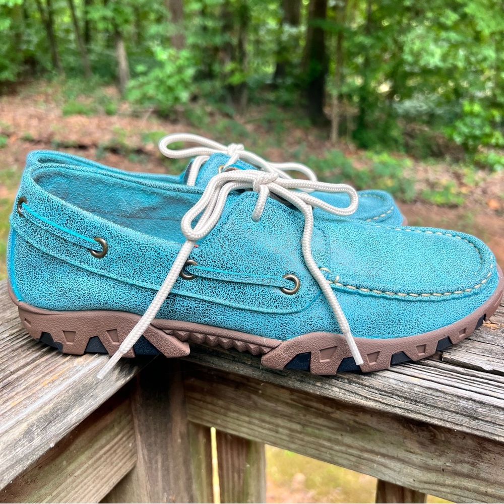 FERRINI Leather Lace Up Loafers Turquoise Teal women’s size 7.5 NEW
